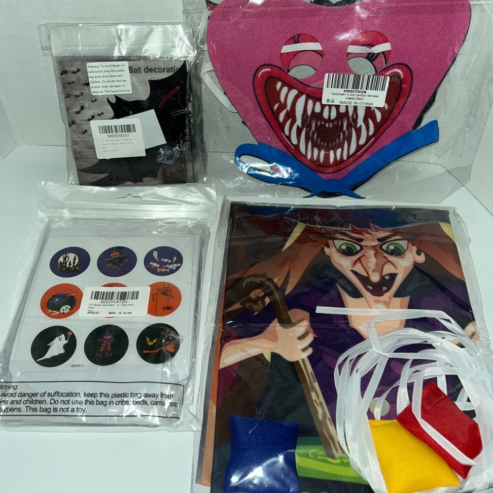 Halloween Party Lot Masks, Bats bean Bag Game, Cards Stickers